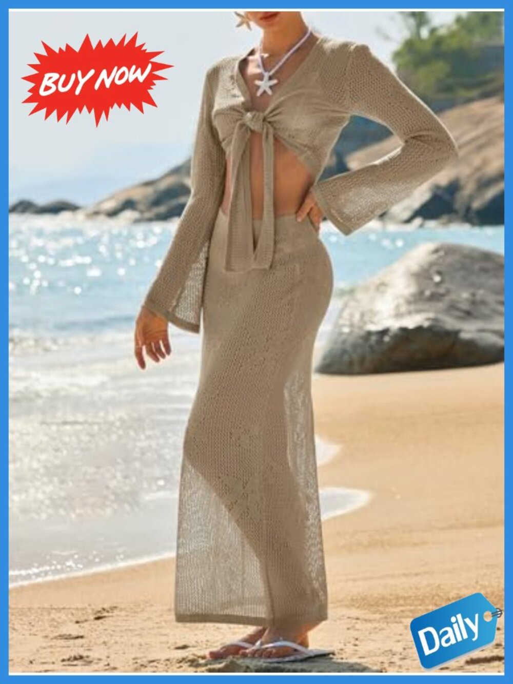 Womens Crochet Swimsuit Cover Up 2 Piece Beach Set Long Sleeve Boho Knit - Picture 2 of 5